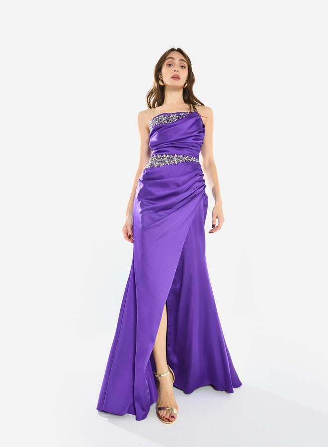 House of Moda Women Embellished Draped Satin Slit Gown Maxi Dress - Image 3